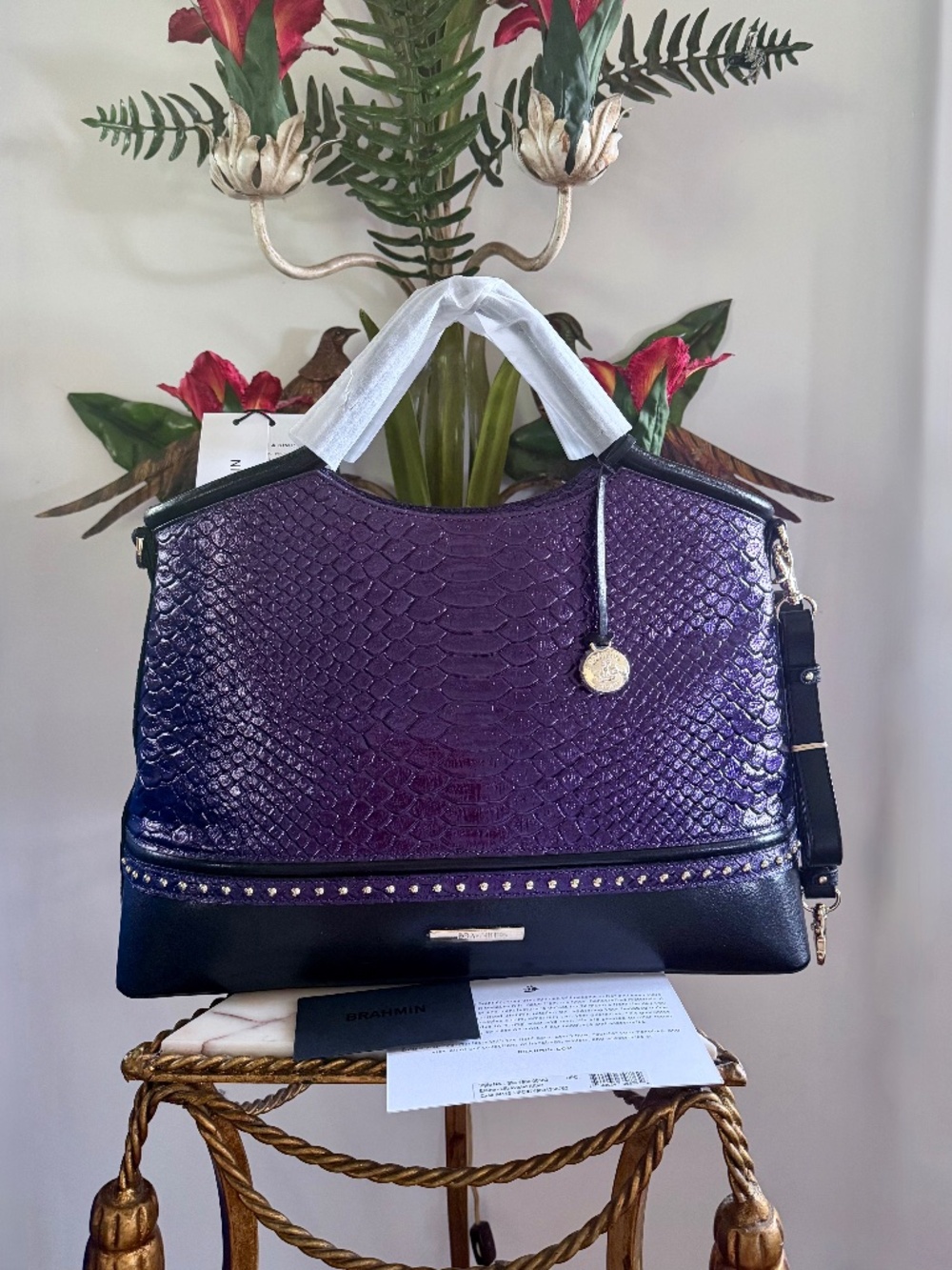 💜🤩 NWT Brahmin Ultraviolet Altair Elaine Handbag Purple Black Snake Studs 🤩💜
